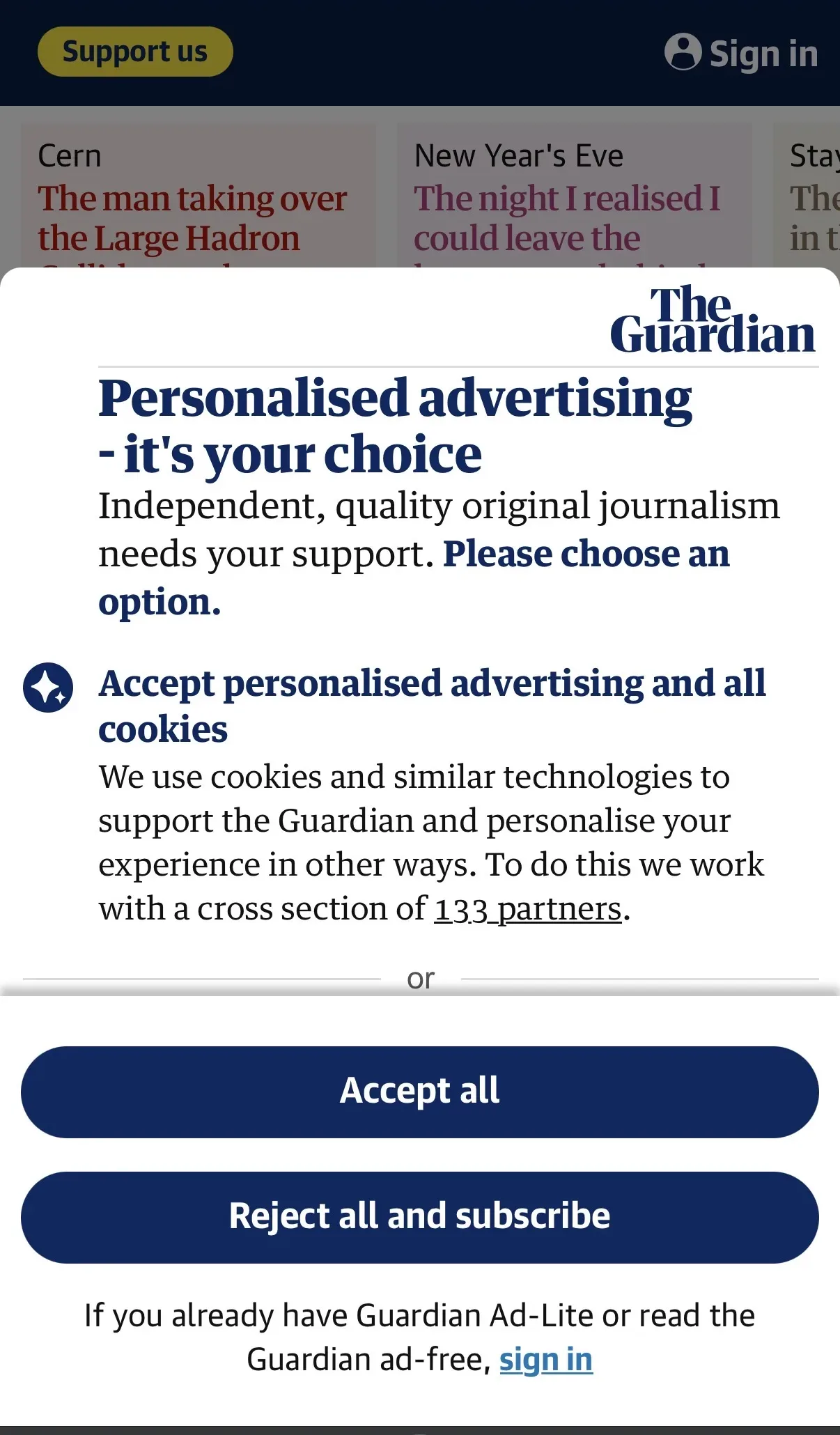 Screenshot of the guardian website paywall banner