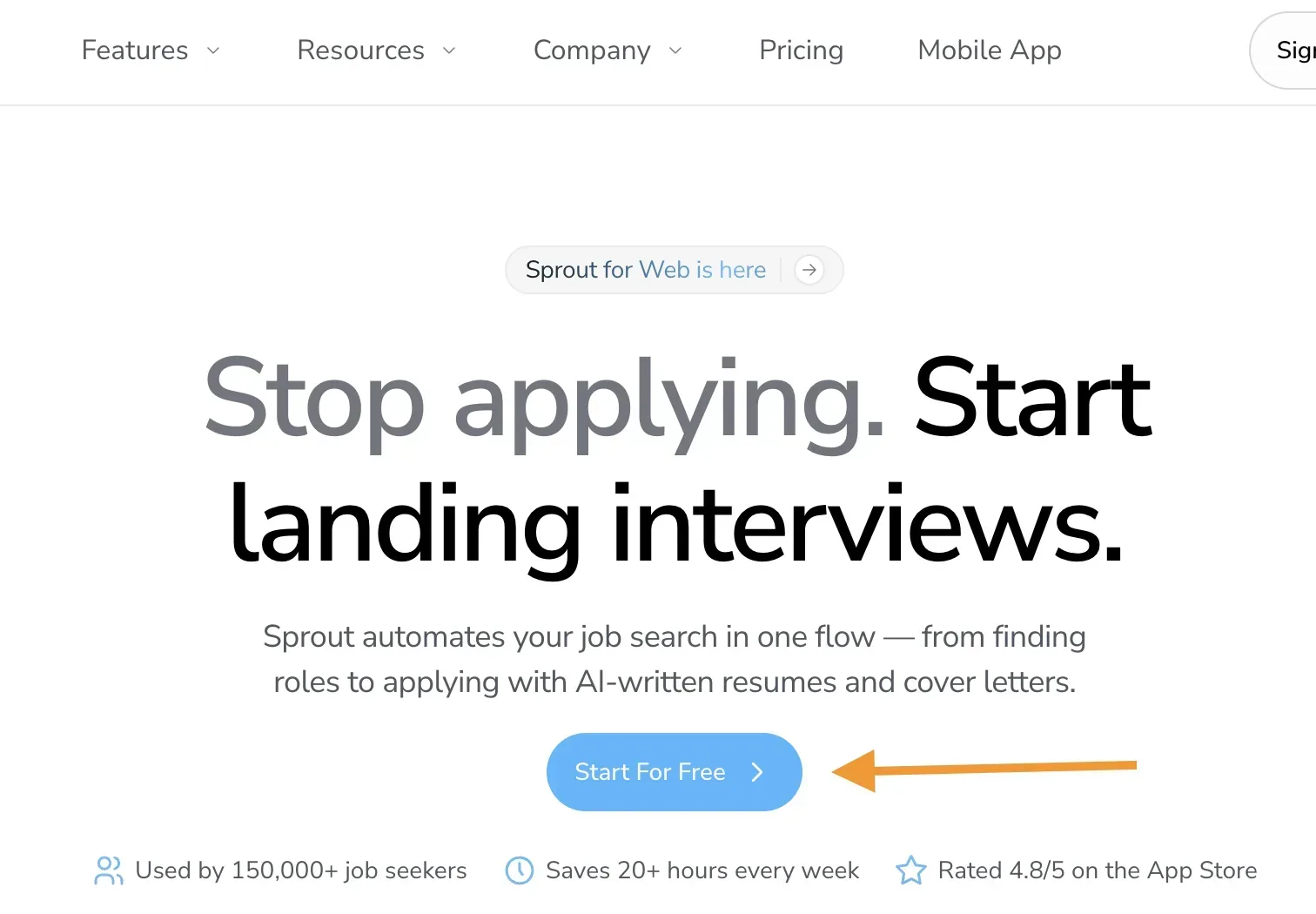 Screenshot of Sprout, Formerly Prep AI landing page with CTA buttons